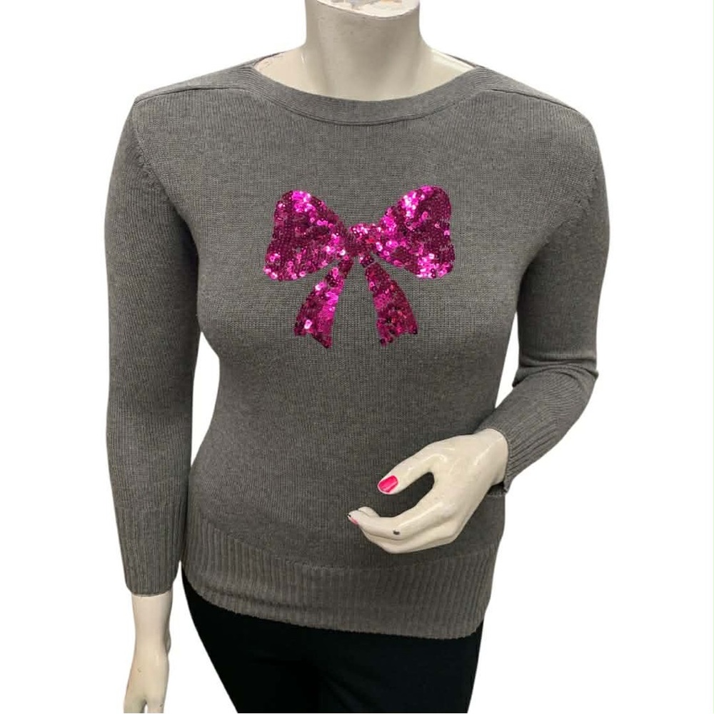 Devoted Elegant Gray Sweater with Pink Sequin Bow Size XL